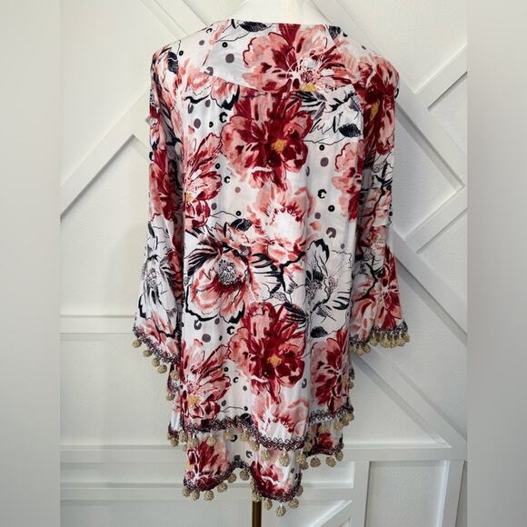 Soft Surroundings Boho Rosada Layered Blouse Floral Print PomPom Trim Size Small - Picture 7 of 10